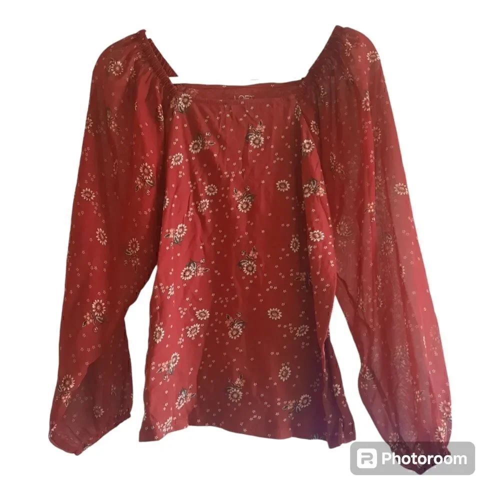 Loft Boho Floral Square Neck Sheer Sleeve Top